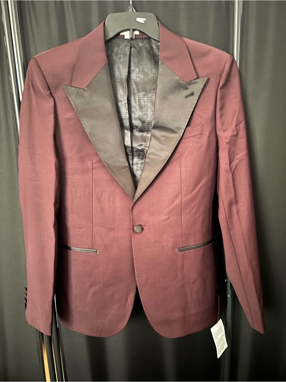 Plum Colored Men's Tuxedo Jacket with Black Satin Peak Lapel